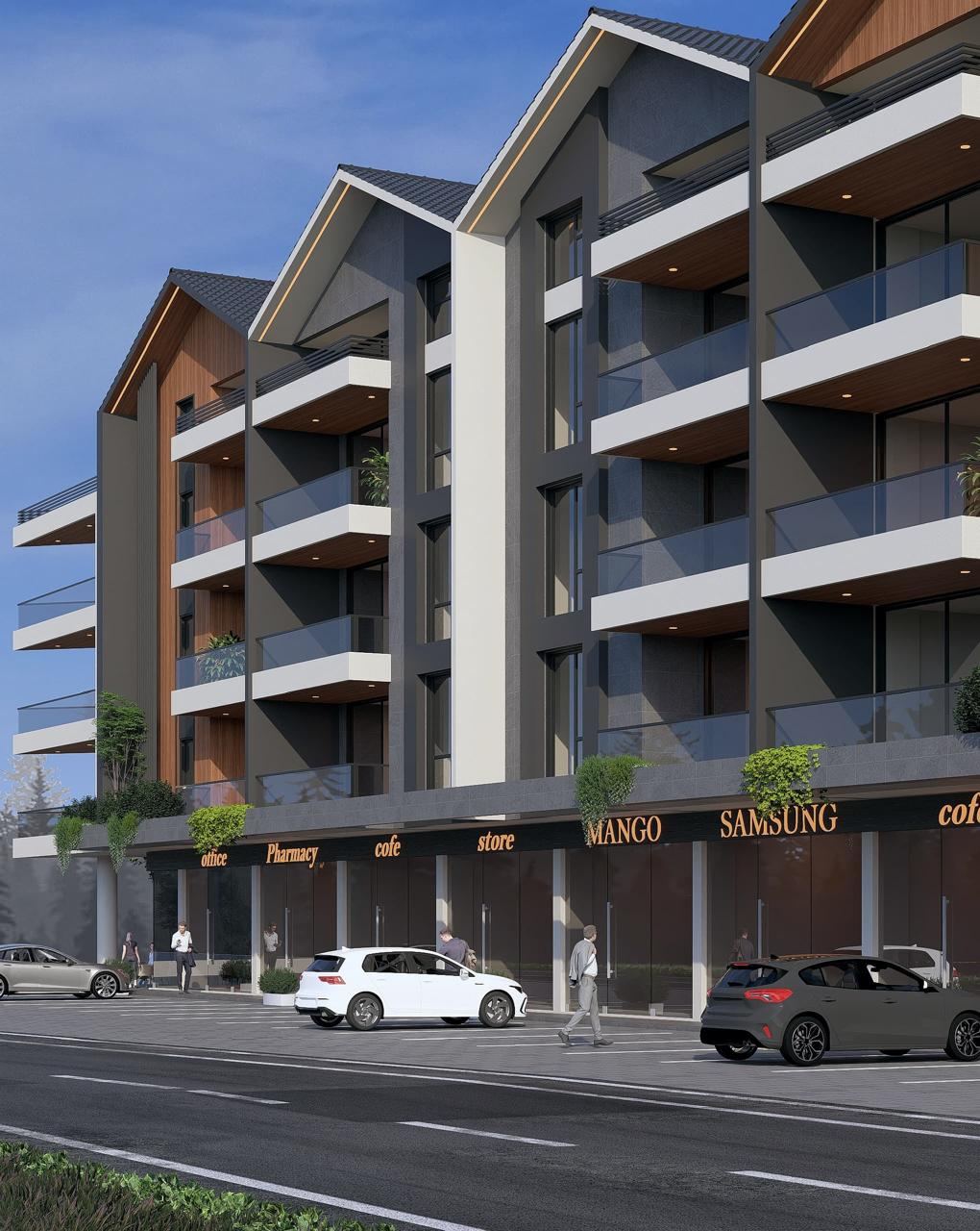 Daylight view of the entrance bay with warm timber cladding and planted balconies