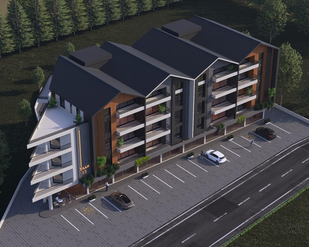 Aerial view showing the four pitched roofs and rooftop planes