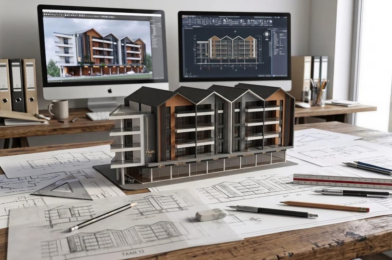 Architectural model of TAAN 13 on a drawing desk with elevation drawings on screen